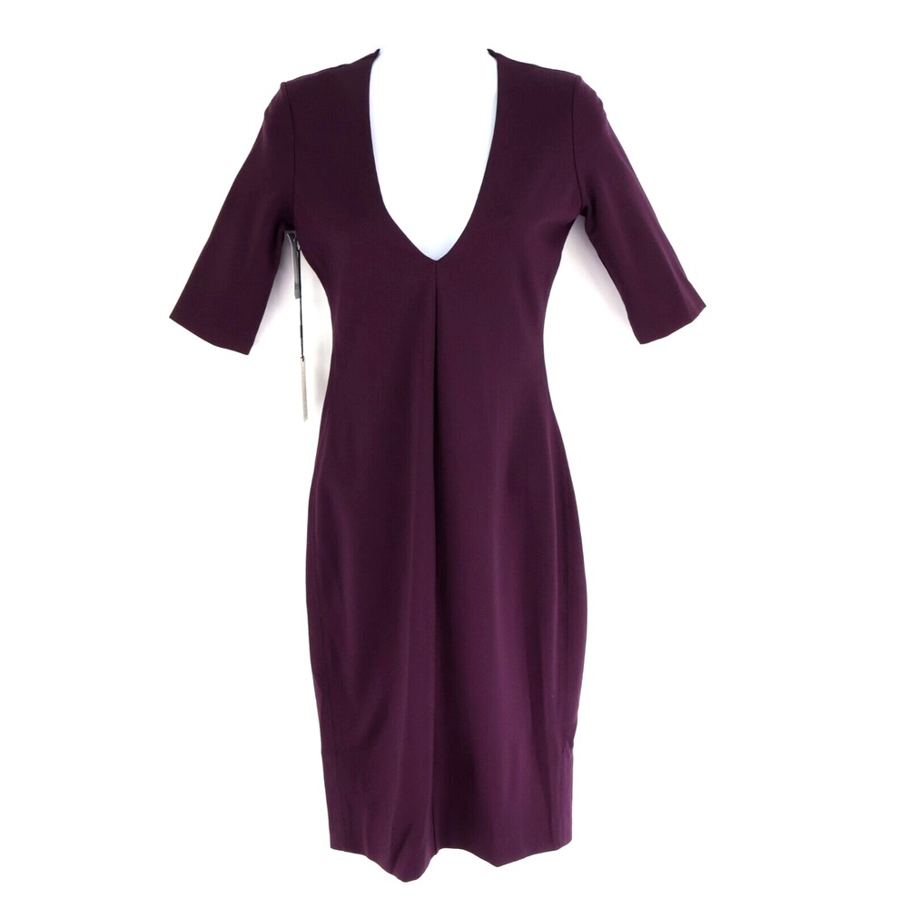 Babaton Bodycon Midi Dress Womens Sz 2 Dark Purple Half Sleeves Deep V-Neck NWT